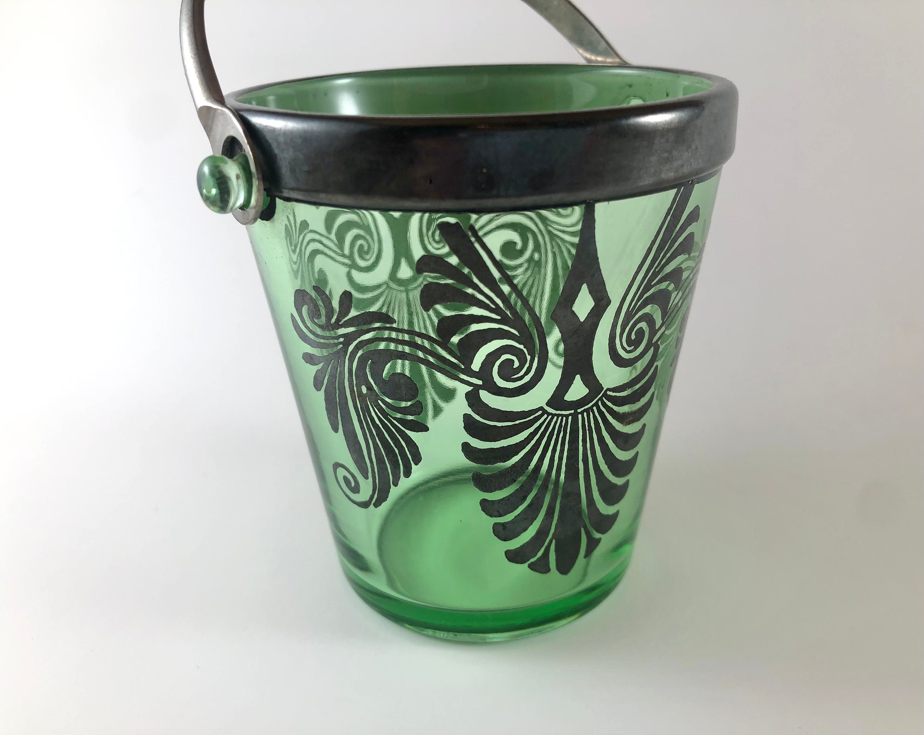 Vintage Antique Green Depression Glass Ice Bucket W/silver Etsy