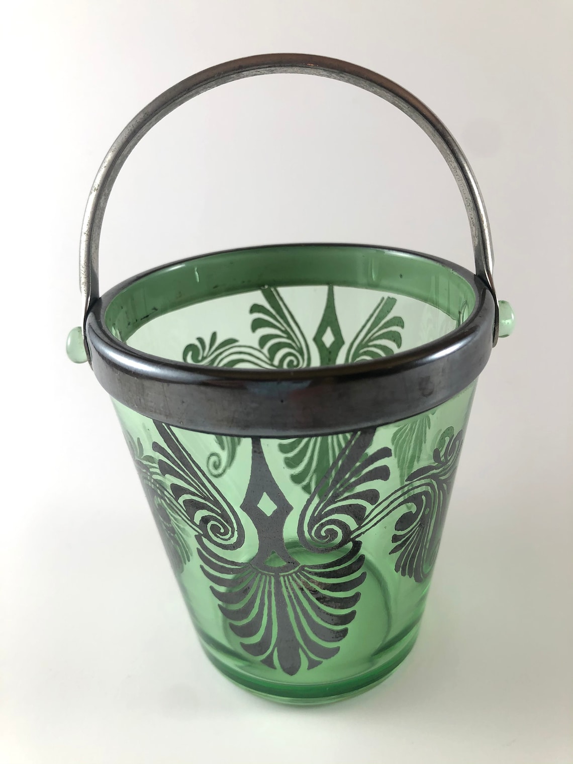 Vintage Antique Green Depression Glass Ice Bucket W/silver Etsy
