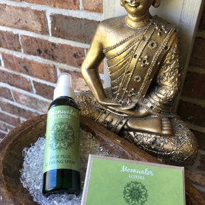 May include: A green bottle of Moonwater Elixirs Sage Plus Clearing Spray and a bar of Moonwater Elixirs Sage Smudge Soap. Both products feature a green mandala design.