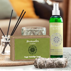 Sage Smudge Cleansing Kit with Soap, Spray, and Smudge Stick to Clear Negative Energy, Purify Spaces, and Invite Positivity