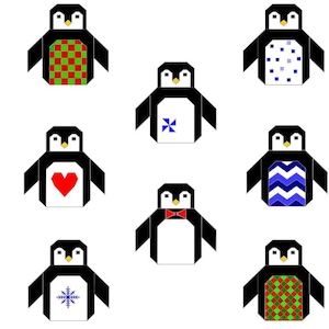 Puede incluir: Nueve ilustraciones de pingüinos estilizados sobre un fondo blanco. Cada pingüino tiene un cuerpo negro, una cara blanca y varios diseños estampados o gráficos en el pecho, incluyendo un corazón, un copo de nieve y una pajarita. Los diseños incorporan rojo, verde, azul y blanco.
