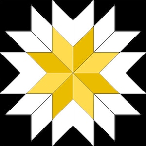 Può includere: Un design geometrico a forma di stella, composto da forme bianche e gialle su sfondo nero. Il motivo simmetrico presenta angoli acuti e linee pulite, creando un effetto visivo sorprendente ed equilibrato.