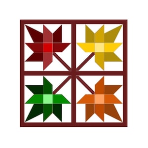 May include: A square quilt block design featuring four star patterns in a grid. Each star is a different color: red, yellow, green, and orange. The design is framed by a dark red border and lines.