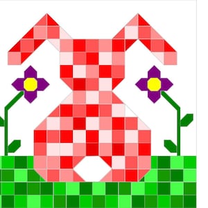 Peut inclure: Un motif géométrique représentant un lapin à carreaux rouges et blancs avec deux fleurs violettes à centres jaunes de chaque côté. Le lapin est placé sur un fond à carreaux verts et blancs.