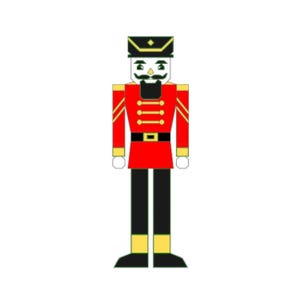 May include: A vector illustration of a traditional nutcracker soldier. The figure is dressed in a red jacket with gold accents, black pants, and a black hat. The nutcracker has a white face, black mustache, and is standing upright.