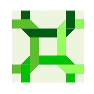 Może przedstawiać: Abstrakcyjny geometryczny wzór z kwadratowym układem. Grafika wykorzystuje odcienie zieleni, od jasnej do ciemnej, ułożone w przecinające się linie na jasnobeżowym tle. Projekt składa się z jednolitych bloków kolorów.