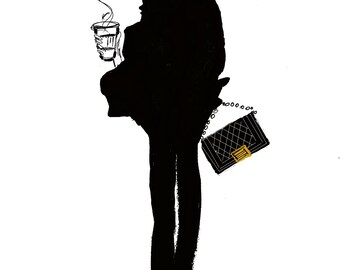 Morning Chic – Woman in All Black with Coffee & Chanel