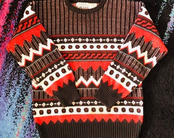 90s Club International Red/White/Black Geometric Sweater