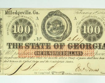 1863 100 dollar Civil War Note Georgia