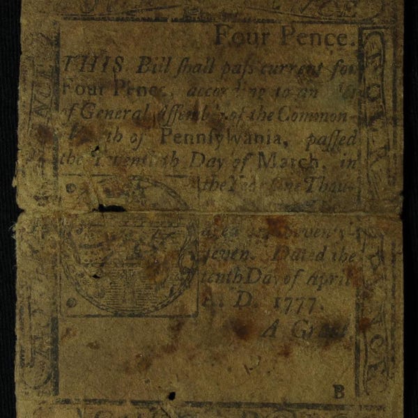 1777 10 de abril, 4 peniques, billete colonial de Pensilvania FR PA-210