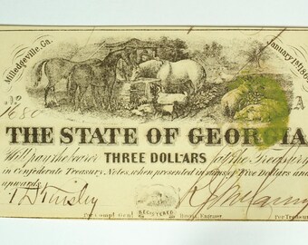1864 3 dollar Civil War Note Georgia