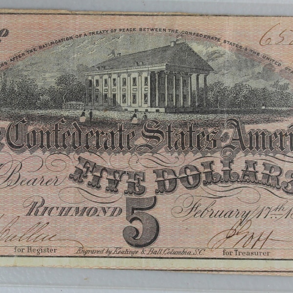 1864 5 dollar Confederate Civil War Note Cutting ERROR