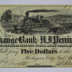 1862 5 Dollar Exchange Bank Of AJ Perrin and Co Marshall Michigan