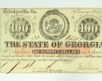 1863 100 dollar Civil War Note Georgia