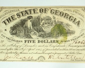 1864 5 dollar Civil War Note Georgia