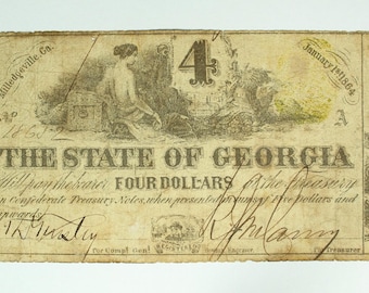 1864 4 dollar Civil War Note Georgia RARE denomination