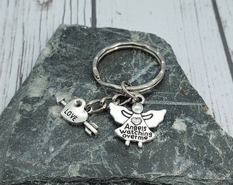 Angels Watching Over You and Love Heart Charm Key Ring key chain