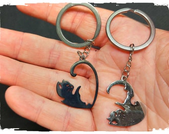 Cat Love Heart Keychain, Black Chrome Metal Alloy Keyrings