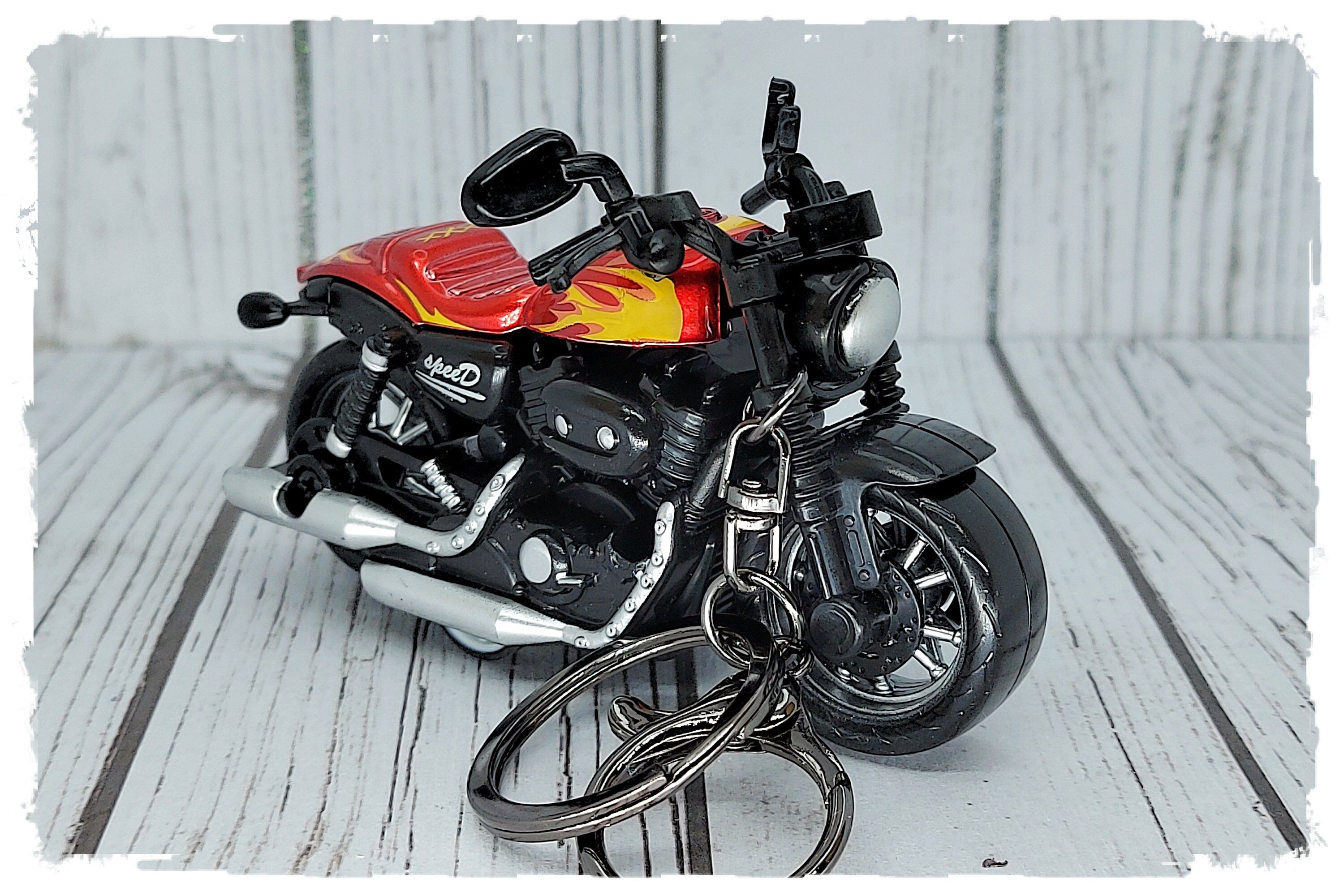 Motor Bike Keychain Red With Yellow Flames Toy Great gift for him her Dad  Mum