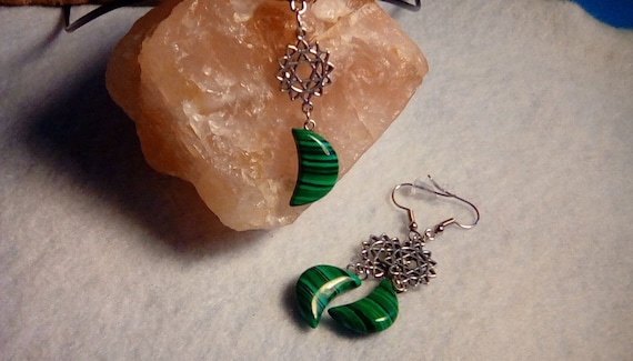 Jewelry Set, Malachite Jewelry, Malachite Necklace, Malachite Earrings,  Malachite Moons, Birthday Gift, Gift for Her, Celtic Jewelry 