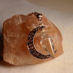 celestial moon, quartz crystal, moon necklace, quartz necklace, celestial jewelry, pendulum necklace, birthday gift, Christmas gift.