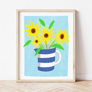 Impression d'art tournesol : pichet en cornishware, style risographe, cadeau Cornouailles