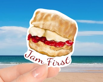 Jam First Sticker | Jam On First Scone Waterproof Vinyl Sticker | Jam First Cornwall Stickers | Cream Tea sticker | Cornish Cream Tea