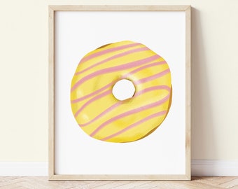 Iced Donut With Stripes Art Print, Kitchen Wall Decor, Illustrated Food Poster