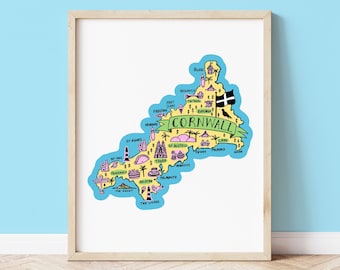 Cornwall Map Art Print, Illustrated Cornwall Map, Hand Drawn Travel Print, Cornwall Wall Art, Cornish Gift, Cornwall Souvenir