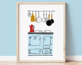 Vintage Blue AGA Art Print, Illustrated Wall Art, Cottagecore Home Decor