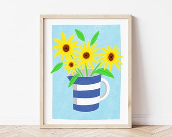 Sunflowers in a Cornishware Jug, Risograph Style Art Print, Sunflower Wall Art, Sunflowers Wall Decor, Cornwall Art Print, Cornwall Gifts