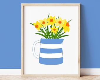 Daffodils in Cornishware Jug Art Print – Cornwall Wall Decor - Spring Floral Illustration