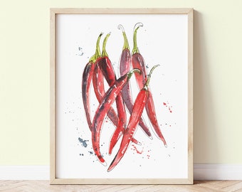 Red Chillies in Watercolour and Pen and Ink Art Print | Red Chillies Watercolour Painting | Kitchen Wall Art | Original Painting