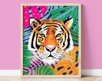 Tiger Tropical Leaf Boho Style Art Print | Unframed 4x6 A6 A5 5x7 A4 A3 | Maximalist Jungle Botanical Home Decor Wall Art