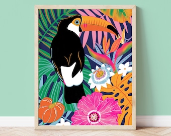 Exotic Toucan Botanical Art Print | Unframed Maximalist Decor | Tropical Bird Home Decor Wall Art | Exotic Bird Wall Art