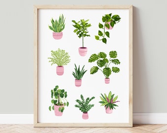 Houseplants Art Print: Botanical Illustration, Plant Lover Gift