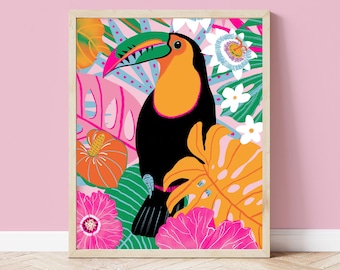 Tropical Floral Botanical Toucan Home Decor Art Print | Unframed 4x6 A6 A5 5x7 A4 A3 | Tropical Bird Home Decor Wall Art
