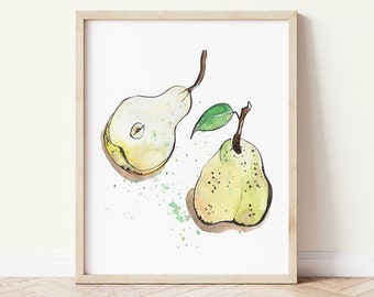 Pears Watercolour and Ink Art Print, Watercolour Giclee Print, Pears Illustration, Watercolor Painting