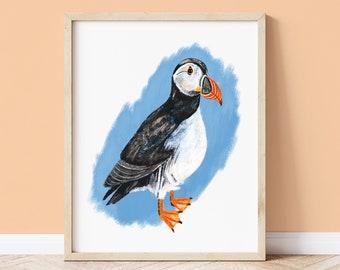 Cornish Puffin Wall Art Print, Puffin Illustrated Art Print, Puffins Print, Bird Poster, Seabird Print, Coastal Wall Art, Cornwall gifts