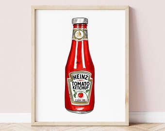Impression d'art illustrée de bouteille de ketchup aux tomates pour les amateurs de cuisine, sauce tomate, art culinaire britannique, art mural de cuisine, décoration d'intérieur