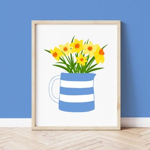 Impression d'art de Cornouailles - jonquilles dans une cruche de cornouailles - impression d'art mural - impression de vaisselle de Cornouailles - cadeaux de Cornouailles - cadeaux de Cornouailles - cadeau jonquille