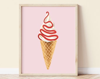 Ice Cream with Raspberry Sauce Art Print, Ice Cream Art Print, Ice Cream Wall Art, Illustrated Art Print, Gelato Art Print