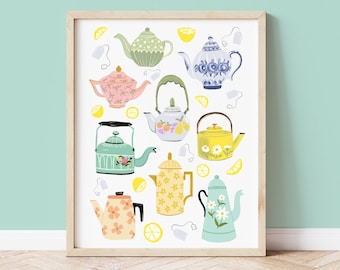 Vintage Teapots Art Print: Pastel Kitchen Wall Decor, Tea Lover Gift