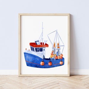 May include: A watercolor painting of a blue fishing boat with a red roof and orange buoys. The boat has a white mast and a net hanging from it. The painting is framed in a light wood frame.