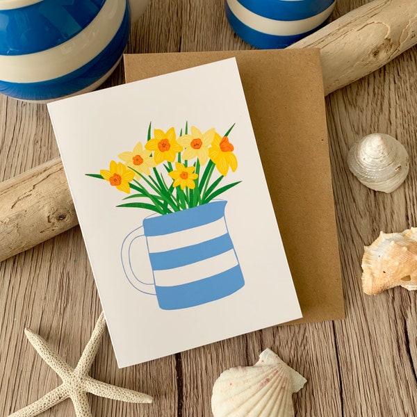 Daffodils with Cornishware Jug Greeting Card | Cornwall Greeting Card | Blank Inside Card | Floral Greeting Card | Mother's Day Card