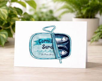 Cornish Sardines in a Tin Greeting Card, Cornwall Gift, Blank Inside Card for your own Message