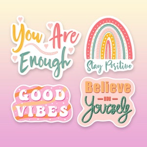 Pacote de adesivos de amor próprio, conjunto de quatro adesivos brilhantes de amor próprio, saúde mental e bem-estar