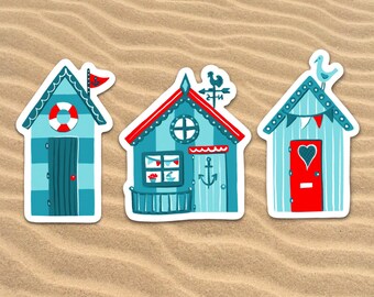 PACK D'AUTOCOLLANTS, Pack d'autocollants Cabanes de plage, Bord de mer, Stickers Cornouailles, Cadeaux Cornouailles, Stickers ordinateur portable, Stickers mignons, Cabane de plage
