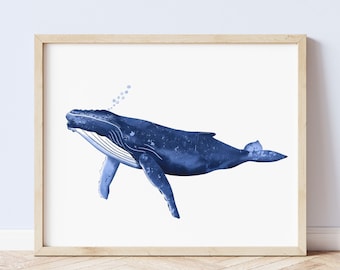 Blue Humpback Whale Art Print, Whale Print, Whale Wall Art, Ocean Wall Art Prints, Coastal Wall Art, Whales, Blue Whale