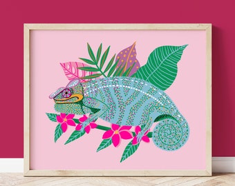 Chameleon Art Print: Boho Botanical Lizard Illustration